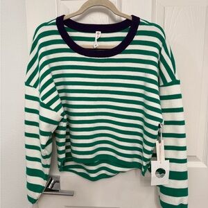 NWT Anthropologie Daily Practice Green White Striped Crop Sweater Sweatshirt, L